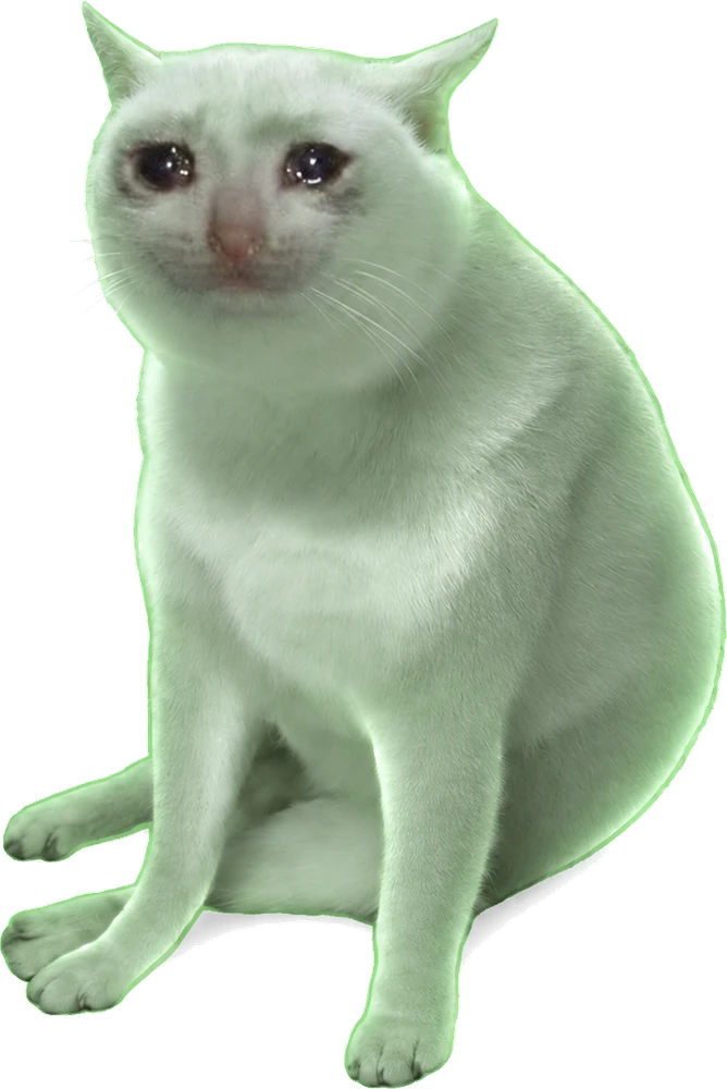 A white cat with wet teary eyes, tinted mint green and edged with a green glow